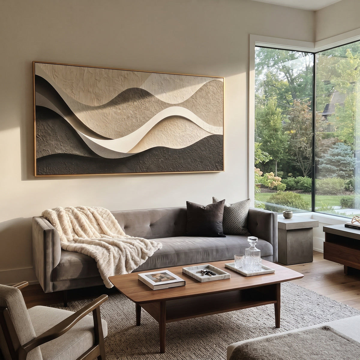 Sandstone Abstract Creek Relief focuses on white, beige, grey multicolor mineral bands with raised impasto edges, broken pigment channels, and a river-like abstract fault line, keeping the product description tied to the visible artwork rather than a generic texture category. The composition is built from layered ridges, carved plaster edges, curved bands, granular breaks, and raised channels that move across the canvas with a clear directional rhythm. Pale passages, darker accents, warm neutral