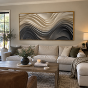 "Quiet Pigment Fault Relief" - Modern Heavy Impasto Landscape Artwork | White & Beige Palette Knife Painting | Luxury Horizontal Wall Art #Q 171