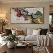 "Stratified Painted Strata Relief" - Modern Heavy Impasto Landscape Artwork | White & Beige Palette Knife Painting | Luxury Horizontal Wall Art #Q 172