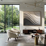 "Eroded Color River Relief" - Modern Heavy Impasto Landscape Artwork | White & Beige Palette Knife Painting | Luxury Horizontal Wall Art #Q 173