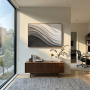"Eroded Color River Relief" - Modern Heavy Impasto Landscape Artwork | White & Beige Palette Knife Painting | Luxury Horizontal Wall Art #Q 173