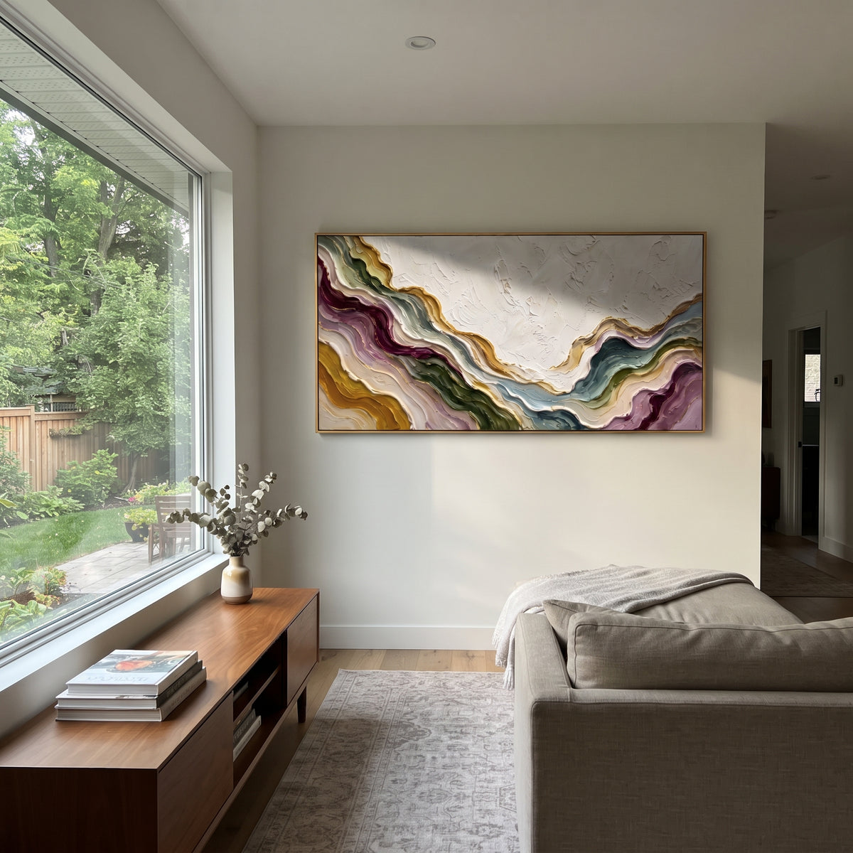 "Luminous Mineral Fault Relief" - Modern Heavy Impasto Landscape Artwork | White & Beige Palette Knife Painting | Luxury Horizontal Wall Art #Q 174