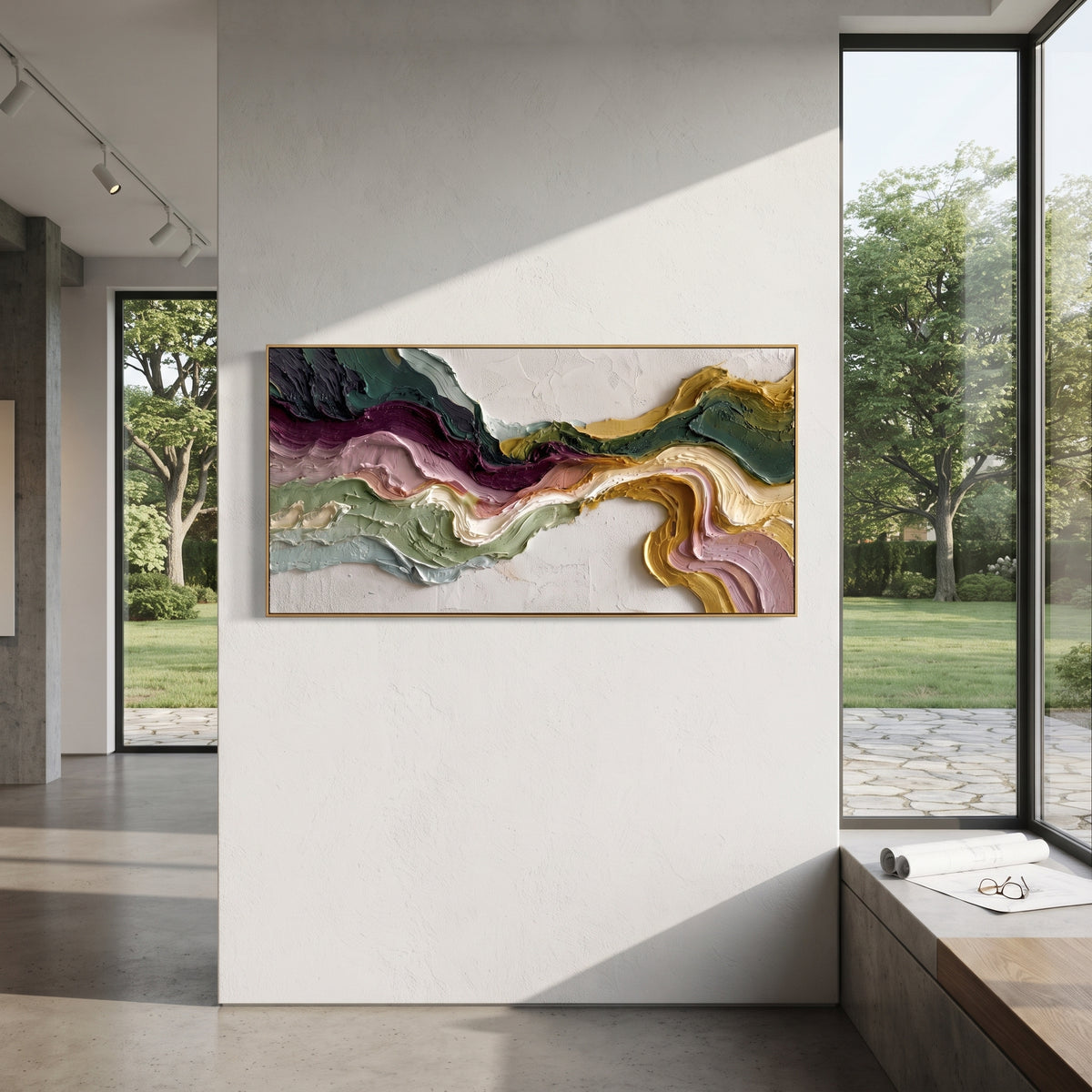 Layered Ochre Channel Relief focuses on white, beige, grey multicolor mineral bands with raised impasto edges, broken pigment channels, and a river-like abstract fault line, keeping the product description tied to the visible artwork rather than a generic texture category. The composition is built from layered ridges, carved plaster edges, curved bands, granular breaks, and raised channels that move across the canvas with a clear directional rhythm. Pale passages, darker accents, warm neutral
