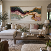 "Layered Ochre Channel Relief" - Modern Heavy Impasto Landscape Artwork | White & Beige Palette Knife Painting | Luxury Horizontal Wall Art #Q 176