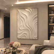 "Curved Sage Canyon Relief" - Modern Heavy Impasto Landscape Artwork | White & Beige Palette Knife Painting | Luxury Vertical Wall Art #Q 177