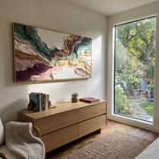"Tactile Burgundy Rift Relief" - Modern Heavy Impasto Landscape Artwork | White & Beige Palette Knife Painting | Luxury Horizontal Wall Art #Q 178