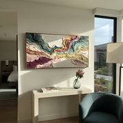 "Tactile Burgundy Rift Relief" - Modern Heavy Impasto Landscape Artwork | White & Beige Palette Knife Painting | Luxury Horizontal Wall Art #Q 178