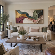 "Ivory Multicolor Ridge Relief" - Modern Heavy Impasto Landscape Artwork | White & Beige Palette Knife Painting | Luxury Horizontal Wall Art #Q 180