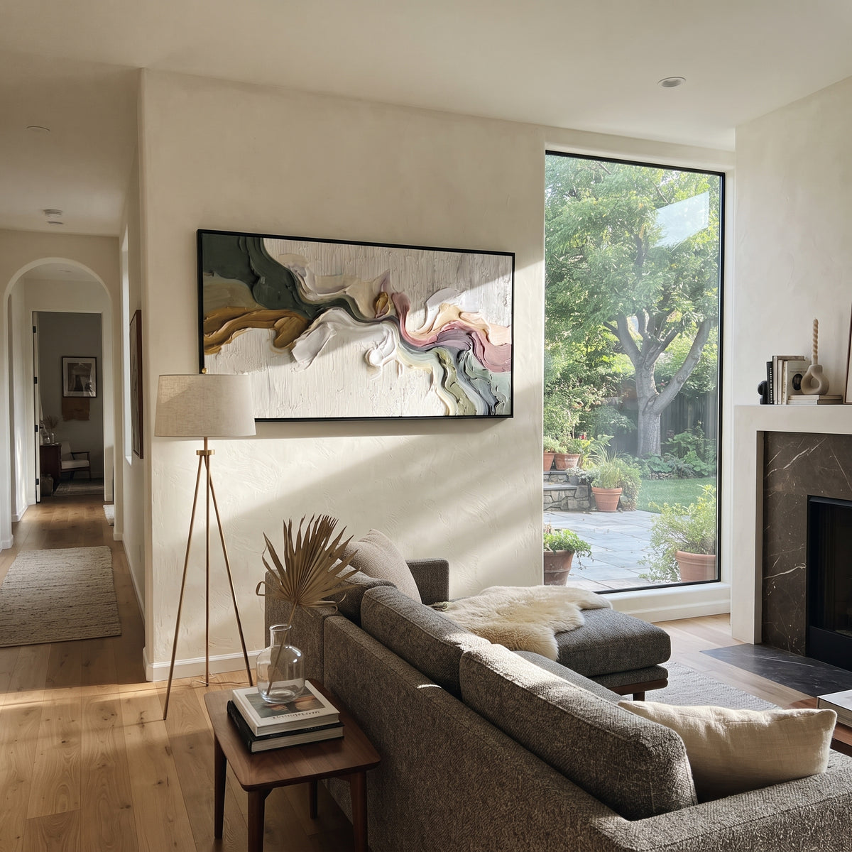 "Folded Chromatic Layer Relief" - Modern Heavy Impasto Landscape Artwork | White & Beige Palette Knife Painting | Luxury Horizontal Wall Art #Q 182