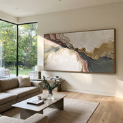 "Rippling Pigment Fault Relief" - Modern Heavy Impasto Landscape Artwork | White & Beige Palette Knife Painting | Luxury Horizontal Wall Art #Q 183