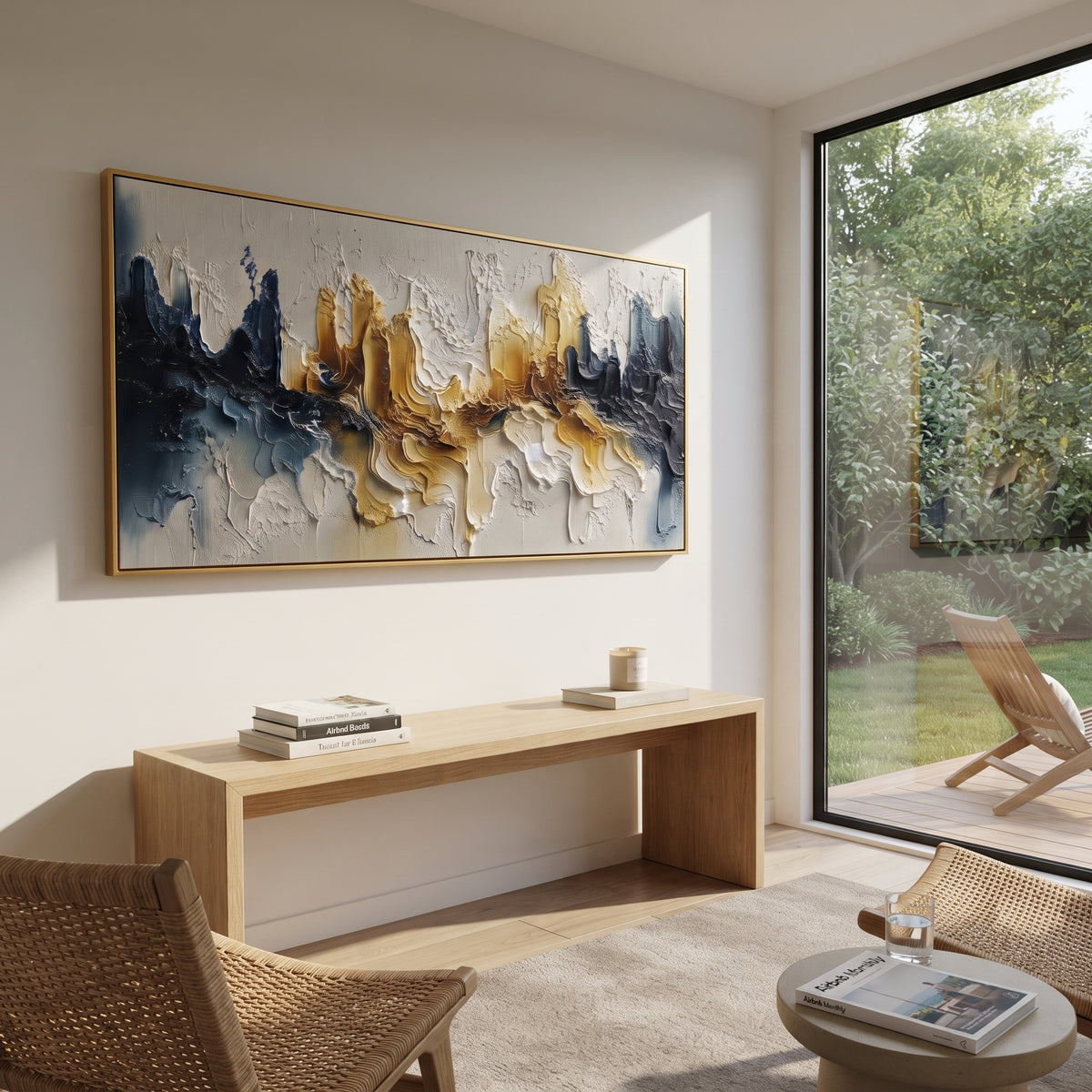 "Terraced Color River Relief" - Modern Heavy Impasto Landscape Artwork | White & Beige Palette Knife Painting | Luxury Horizontal Wall Art #Q 185