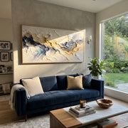 "Gilded Mineral Fault Relief" - Modern Heavy Impasto Landscape Artwork | White & Beige Palette Knife Painting | Luxury Horizontal Wall Art #Q 186