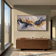 "Gilded Mineral Fault Relief" - Modern Heavy Impasto Landscape Artwork | White & Beige Palette Knife Painting | Luxury Horizontal Wall Art #Q 186