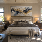 "Gilded Mineral Fault Relief" - Modern Heavy Impasto Landscape Artwork | White & Beige Palette Knife Painting | Luxury Horizontal Wall Art #Q 186