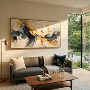 "Raised Ochre Channel Relief" - Modern Heavy Impasto Landscape Artwork | White & Beige Palette Knife Painting | Luxury Horizontal Wall Art #Q 188