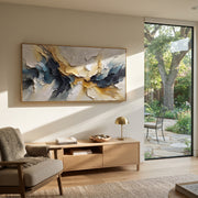 "Raised Ochre Channel Relief" - Modern Heavy Impasto Landscape Artwork | White & Beige Palette Knife Painting | Luxury Horizontal Wall Art #Q 188