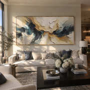 "Raised Ochre Channel Relief" - Modern Heavy Impasto Landscape Artwork | White & Beige Palette Knife Painting | Luxury Horizontal Wall Art #Q 188