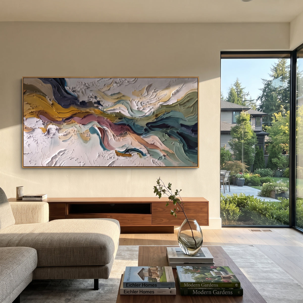 Undulating Burgundy Rift Relief focuses on white, beige, grey multicolor mineral bands with raised impasto edges, broken pigment channels, and a river-like abstract fault line, keeping the product description tied to the visible artwork rather than a generic texture category. The composition is built from layered ridges, carved plaster edges, curved bands, granular breaks, and raised channels that move across the canvas with a clear directional rhythm. Pale passages, darker accents, warm neutral