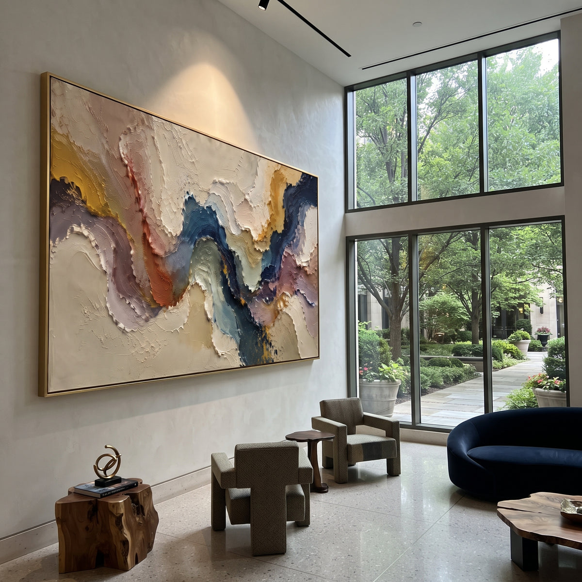 Feathered Blue Gold Burst Relief focuses on white, beige, brown multicolor mineral bands with raised impasto edges, broken pigment channels, and a river-like abstract fault line, keeping the product description tied to the visible artwork rather than a generic texture category. The composition is built from layered ridges, carved plaster edges, curved bands, granular breaks, and raised channels that move across the canvas with a clear directional rhythm. Pale passages, darker accents, warm