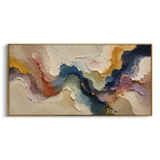 "Feathered Blue Gold Burst Relief" - Modern Heavy Impasto Landscape Artwork | White & Beige Palette Knife Painting | Luxury Horizontal Wall Art #Q 191