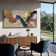 "Feathered Blue Gold Burst Relief" - Modern Heavy Impasto Landscape Artwork | White & Beige Palette Knife Painting | Luxury Horizontal Wall Art #Q 191