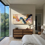 "Feathered Blue Gold Burst Relief" - Modern Heavy Impasto Landscape Artwork | White & Beige Palette Knife Painting | Luxury Horizontal Wall Art #Q 191