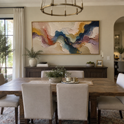 "Feathered Blue Gold Burst Relief" - Modern Heavy Impasto Landscape Artwork | White & Beige Palette Knife Painting | Luxury Horizontal Wall Art #Q 191