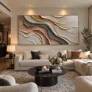 "Marbled Multicolor Ridge Relief" - Modern Heavy Impasto Landscape Artwork | White & Beige Palette Knife Painting | Luxury Horizontal Wall Art #Q 192