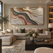 "Marbled Multicolor Ridge Relief" - Modern Heavy Impasto Landscape Artwork | White & Beige Palette Knife Painting | Luxury Horizontal Wall Art #Q 192
