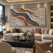 "Marbled Multicolor Ridge Relief" - Modern Heavy Impasto Landscape Artwork | White & Beige Palette Knife Painting | Luxury Horizontal Wall Art #Q 192