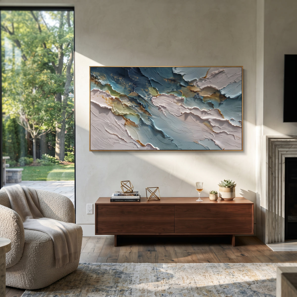 "Horizon Abstract Creek Relief" - Modern Heavy Impasto Landscape Artwork | White & Beige Palette Knife Painting | Luxury Horizontal Wall Art #Q 193