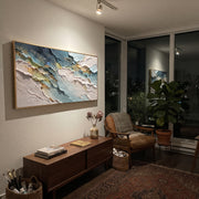 "Horizon Abstract Creek Relief" - Modern Heavy Impasto Landscape Artwork | White & Beige Palette Knife Painting | Luxury Horizontal Wall Art #Q 193