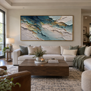 "Horizon Abstract Creek Relief" - Modern Heavy Impasto Landscape Artwork | White & Beige Palette Knife Painting | Luxury Horizontal Wall Art #Q 193