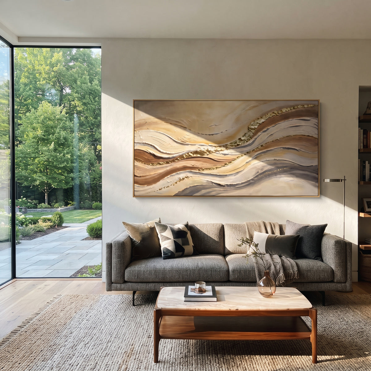 "Shadowed Ribbon Current Relief" - Modern Heavy Impasto Topographic Abstract | White & Beige Palette Knife Painting | Luxury Horizontal Wall Art #Q 197