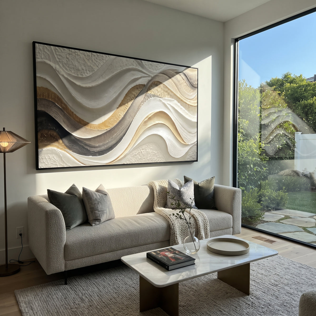"Flowing Sand Ripple Relief" - Modern Heavy Impasto Topographic Abstract | White & Beige Palette Knife Painting | Luxury Horizontal Wall Art #Q 199