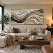 "Flowing Sand Ripple Relief" - Modern Heavy Impasto Topographic Abstract | White & Beige Palette Knife Painting | Luxury Horizontal Wall Art #Q 199