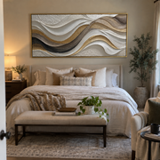 "Flowing Sand Ripple Relief" - Modern Heavy Impasto Topographic Abstract | White & Beige Palette Knife Painting | Luxury Horizontal Wall Art #Q 199
