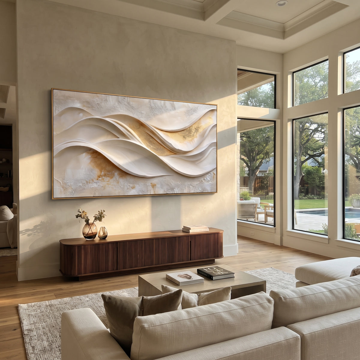 "Brushed Folded Shore Relief" - Modern Heavy Impasto Topographic Abstract | White & Beige Palette Knife Painting | Luxury Horizontal Wall Art #Q 201