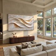 "Brushed Folded Shore Relief" - Modern Heavy Impasto Topographic Abstract | White & Beige Palette Knife Painting | Luxury Horizontal Wall Art #Q 201