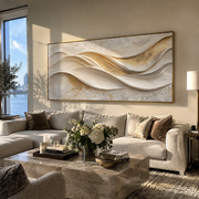 "Brushed Folded Shore Relief" - Modern Heavy Impasto Topographic Abstract | White & Beige Palette Knife Painting | Luxury Horizontal Wall Art #Q 201