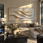 "Brushed Folded Shore Relief" - Modern Heavy Impasto Topographic Abstract | White & Beige Palette Knife Painting | Luxury Horizontal Wall Art #Q 201