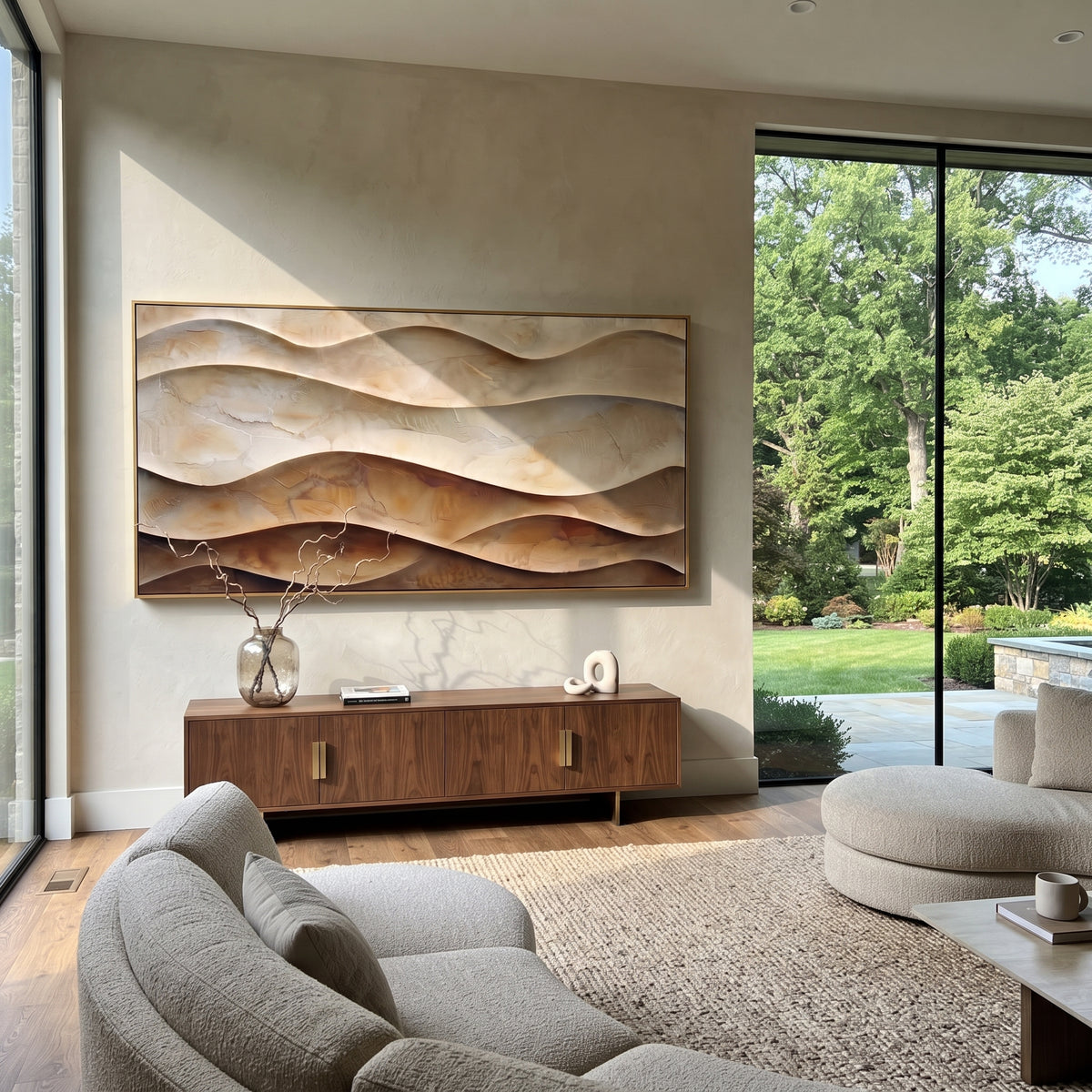Dune Calm Drift Relief focuses on white, beige, brown raised plaster waves with folded contour bands, soft dune-like ridges, and quiet negative space across the panoramic composition, keeping the product description tied to the visible artwork rather than a generic texture category. The composition is built from layered ridges, carved plaster edges, curved bands, granular breaks, and raised channels that move across the canvas with a clear directional rhythm. Pale passages, darker accents, warm