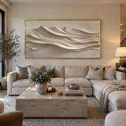 "Carved Layered Wave Relief" - Modern Heavy Impasto Ocean Wave Seascape | White & Beige Palette Knife Painting | Luxury Horizontal Wall Art #Q 205