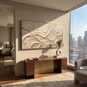 "Drifted Silk Contour Relief" - Modern Heavy Impasto Topographic Abstract | White & Beige Palette Knife Painting | Luxury Horizontal Wall Art #Q 206