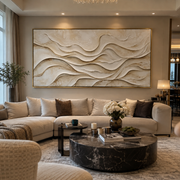 "Drifted Silk Contour Relief" - Modern Heavy Impasto Topographic Abstract | White & Beige Palette Knife Painting | Luxury Horizontal Wall Art #Q 206
