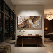 "Cascading Cream Current Relief" - Modern Heavy Impasto Topographic Abstract | White & Beige Palette Knife Painting | Luxury Horizontal Wall Art #Q 207