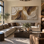 "Cascading Cream Current Relief" - Modern Heavy Impasto Topographic Abstract | White & Beige Palette Knife Painting | Luxury Horizontal Wall Art #Q 207