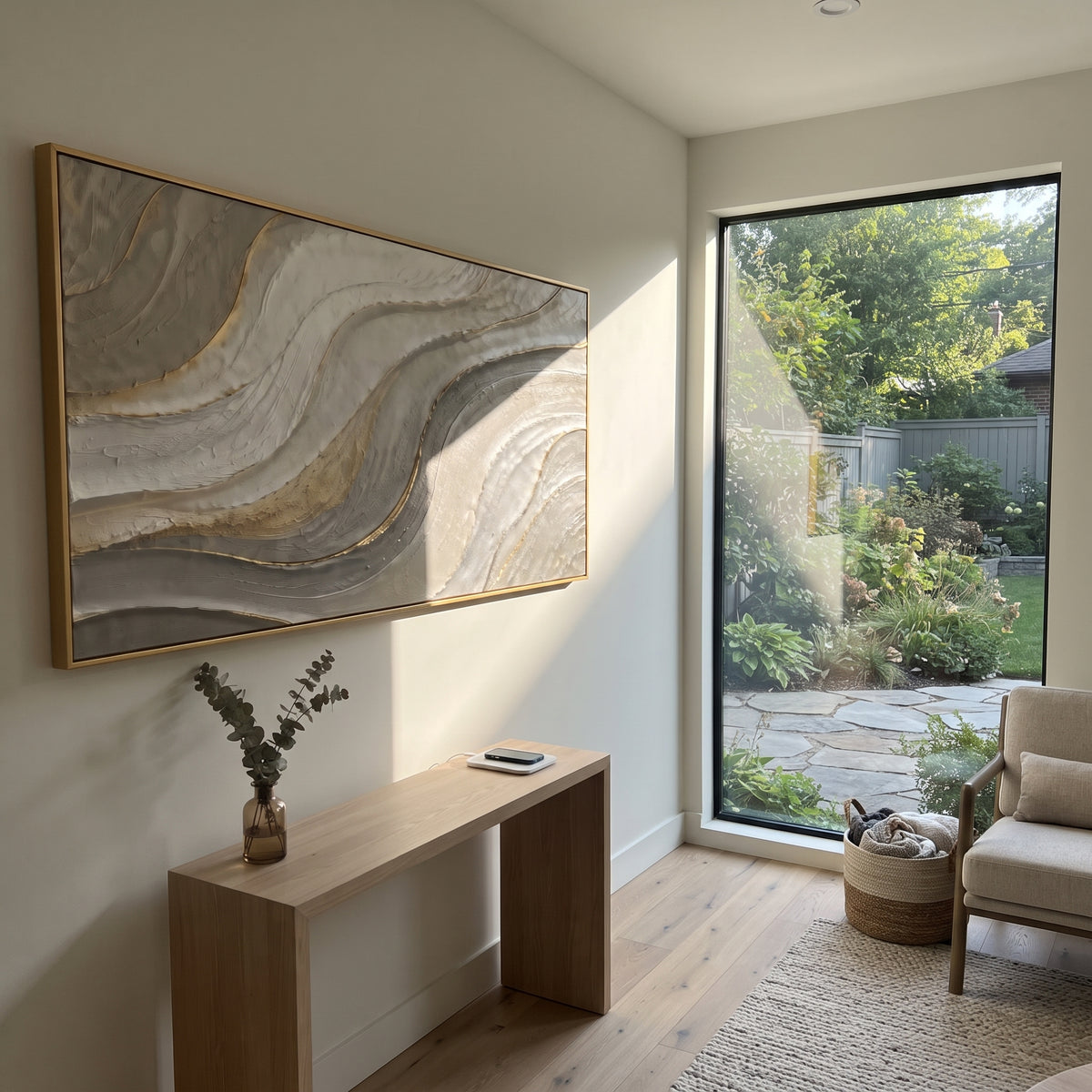 "Cracked Dune Wave Relief" - Modern Heavy Impasto Ocean Wave Seascape | White & Beige Palette Knife Painting | Luxury Horizontal Wall Art #Q 208