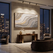 "Cracked Dune Wave Relief" - Modern Heavy Impasto Ocean Wave Seascape | White & Beige Palette Knife Painting | Luxury Horizontal Wall Art #Q 208
