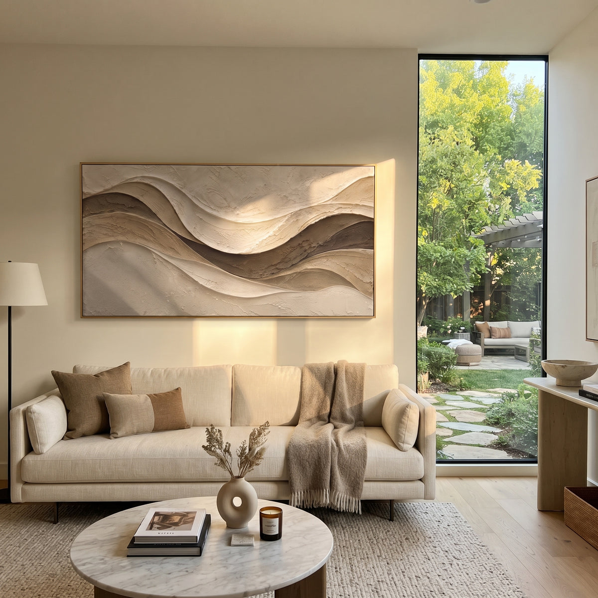 "Eroded Folded Shore Relief" - Modern Heavy Impasto Topographic Abstract | Beige & White Palette Knife Painting | Luxury Horizontal Wall Art #Q 213